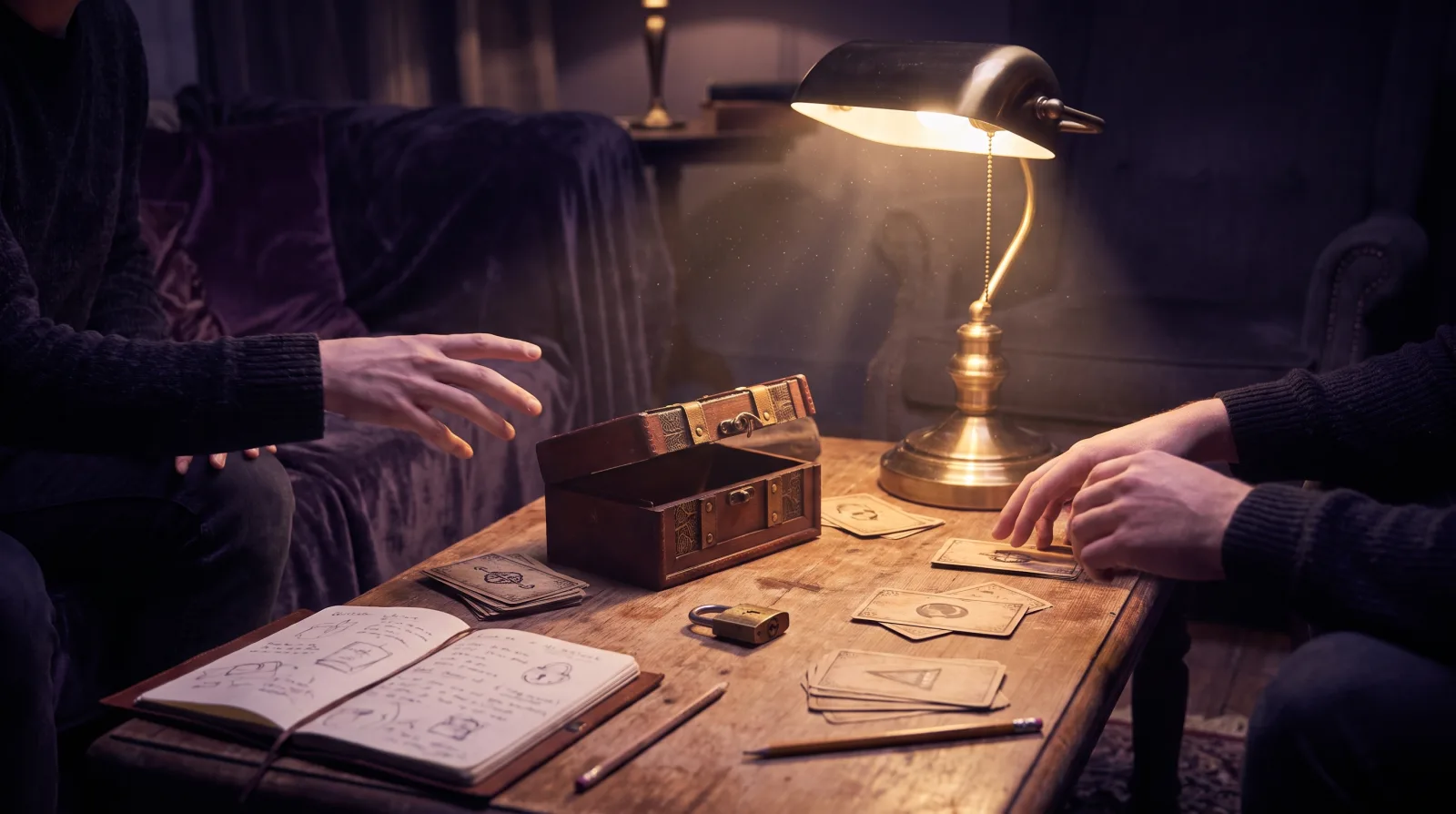 Table de salon le soir avec une boîte d'escape game ouverte, cartes et cadenas
