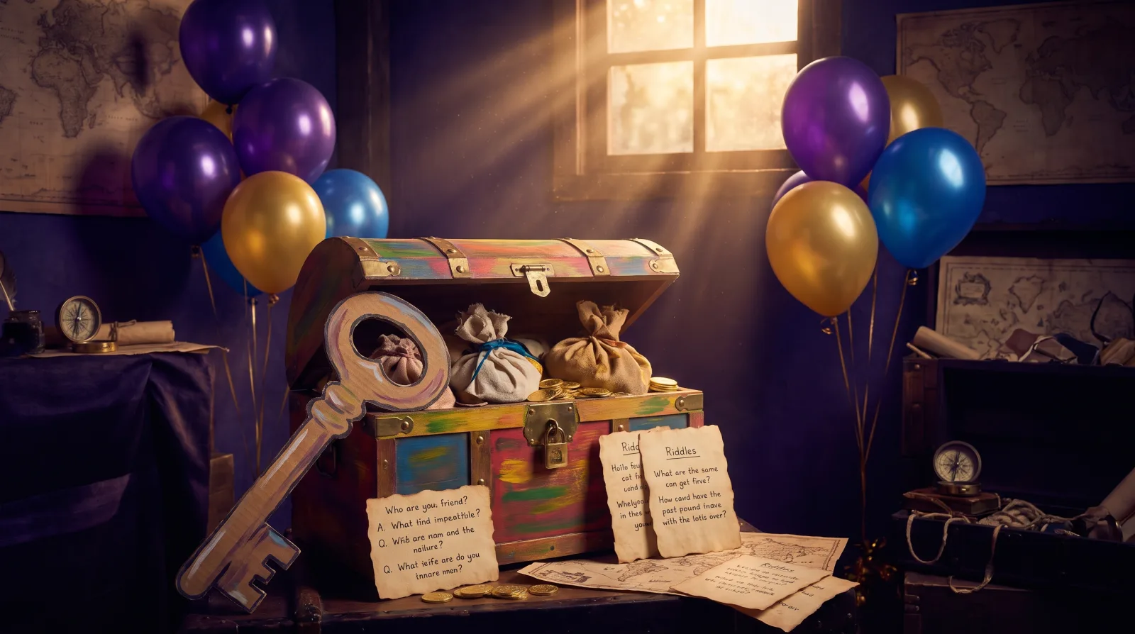 Chasse au trésor d'anniversaire : coffre en bois coloré, grande clé en carton et ballons