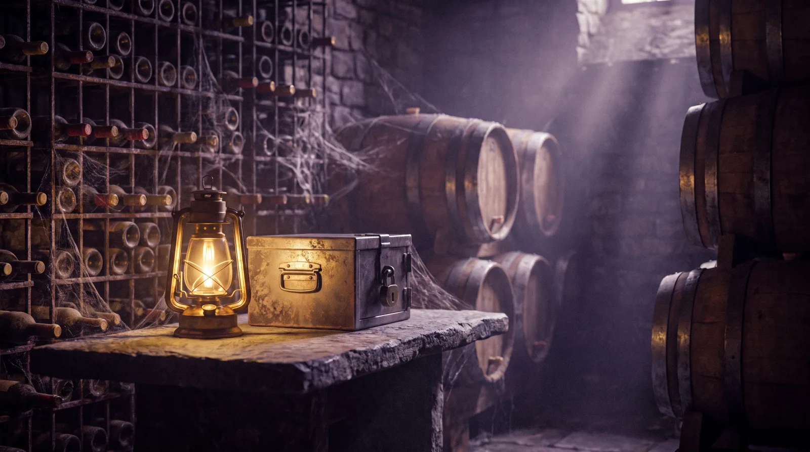 Chai bordelais en salle d'escape game : barriques, bouteilles et coffre verrouillé