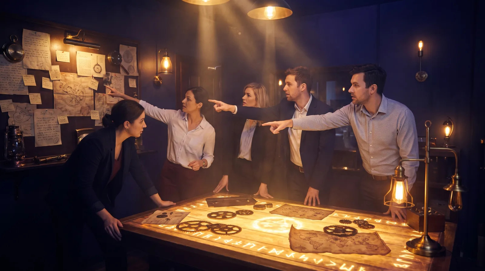 Équipe de collègues autour d'une table d'énigmes lumineuse dans une salle sombre