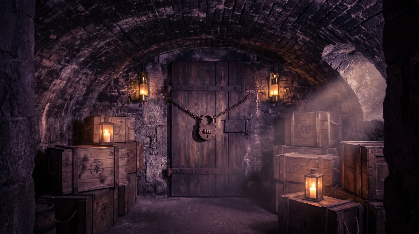 Cave voûtée lyonnaise aménagée en salle d'escape game, porte cerclée de fer et lanternes