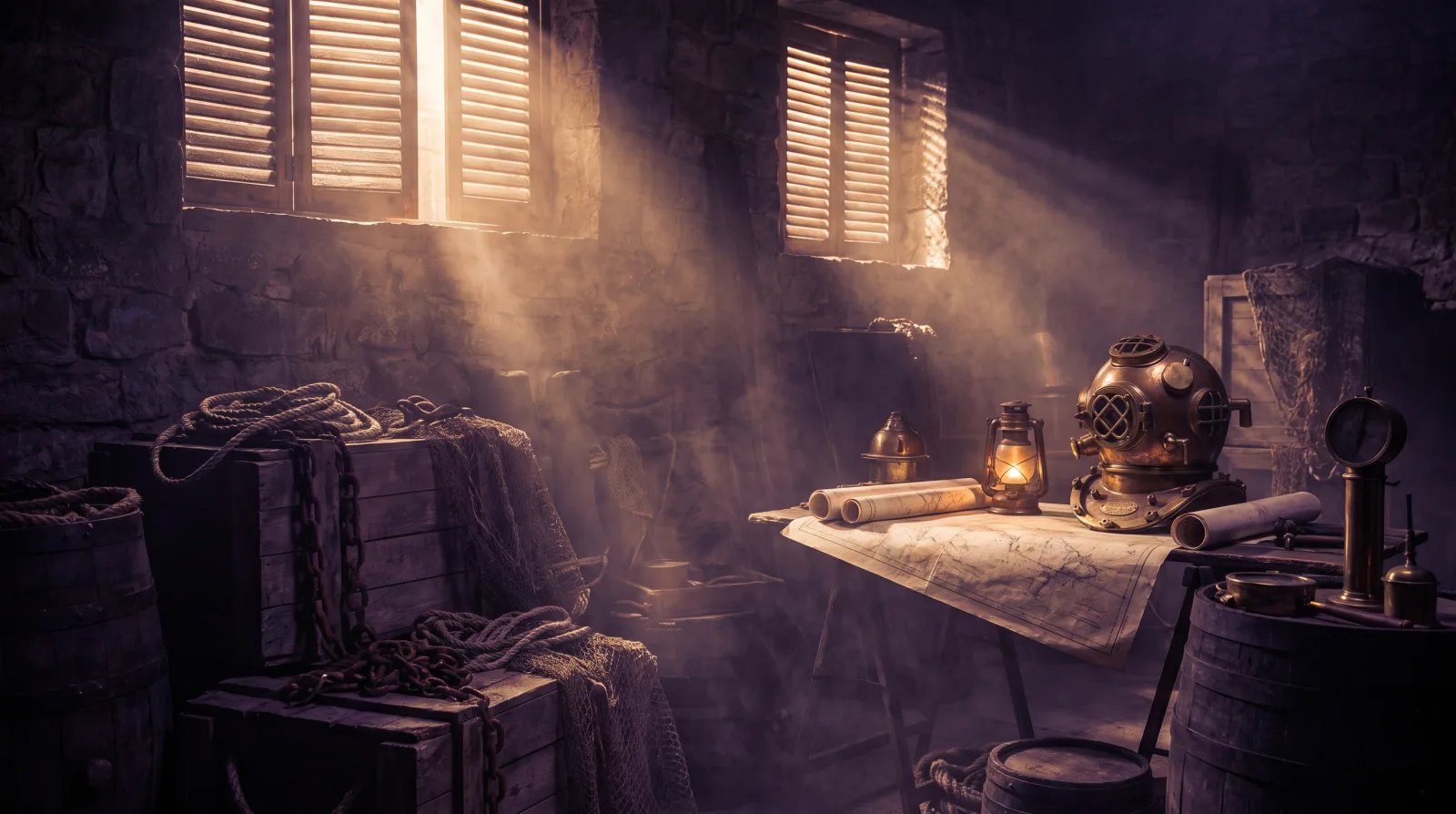 Entrepôt portuaire méditerranéen en salle d'escape game : caisses, cartes marines et scaphandre