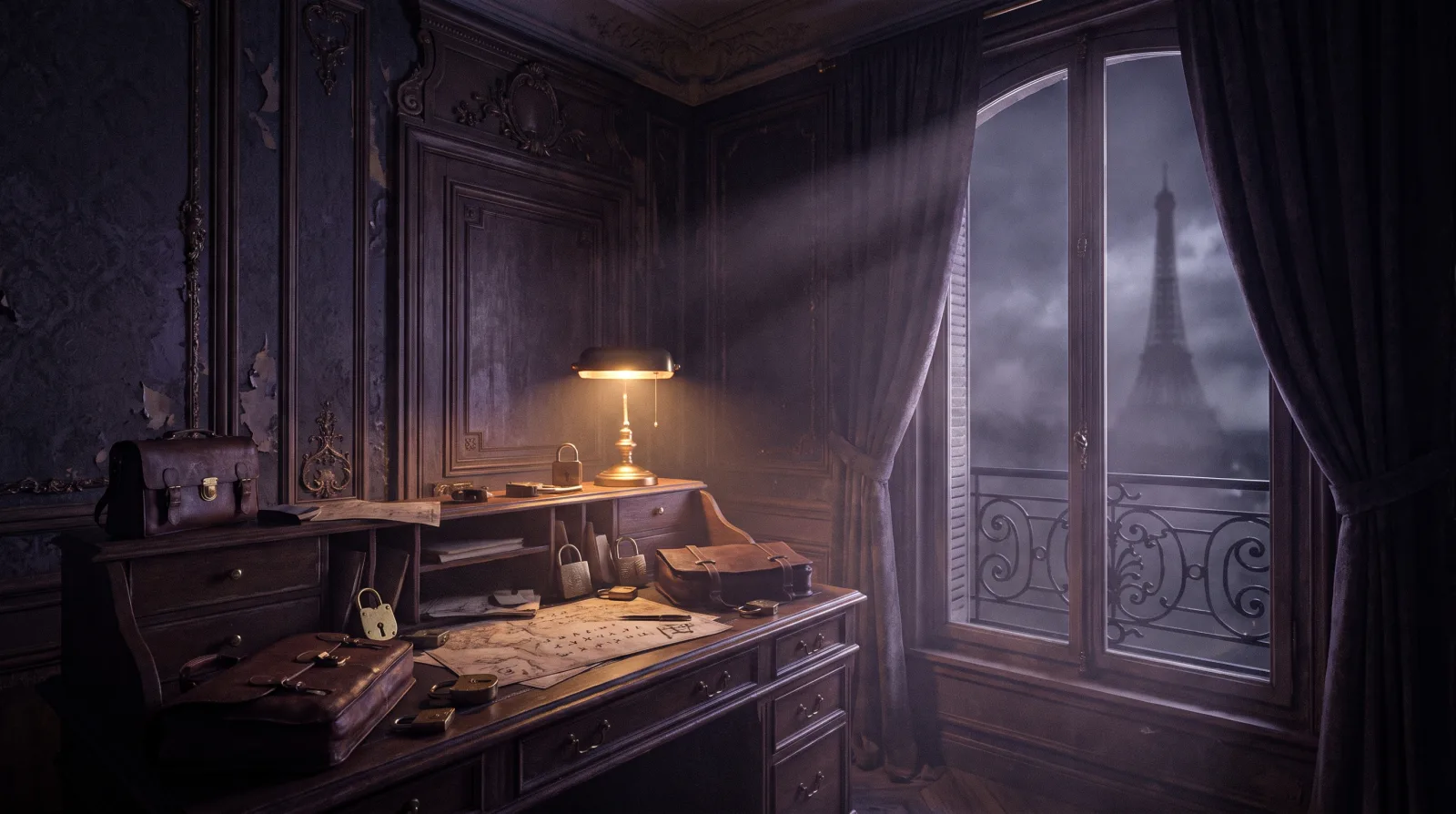 Bureau ancien couvert de cadenas dans une salle d'escape game parisienne, tour Eiffel dans la brume