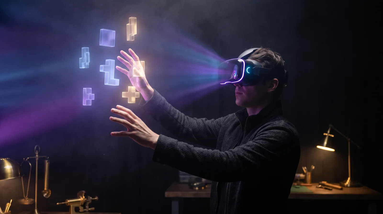 Joueur casqué en réalité virtuelle manipulant des fragments d'énigmes lumineux